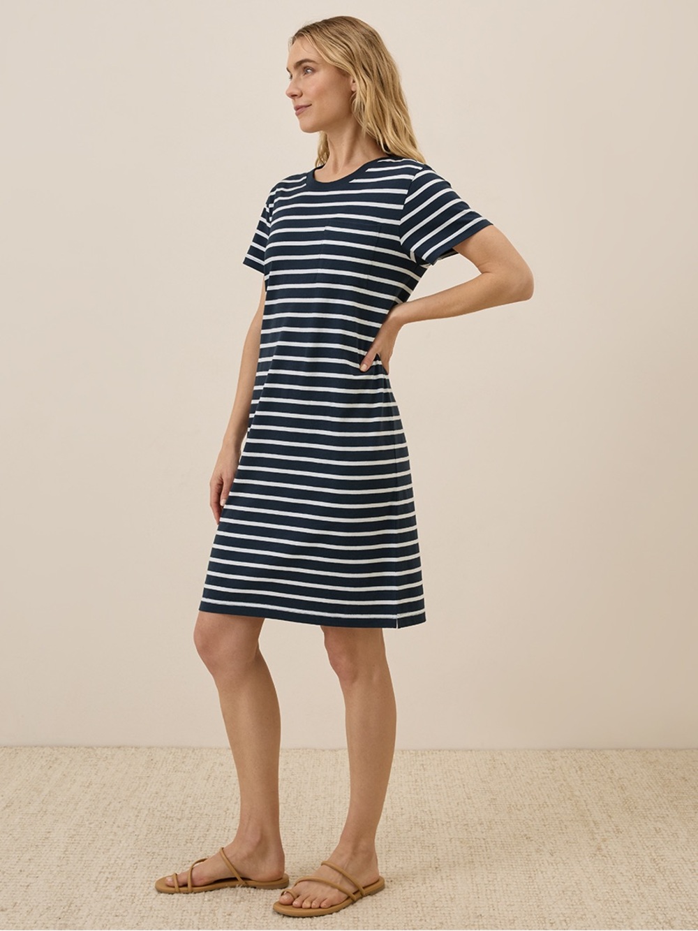 Pact Organic Cotton Softspun Tee Dress Navy White Stripe Casual XS